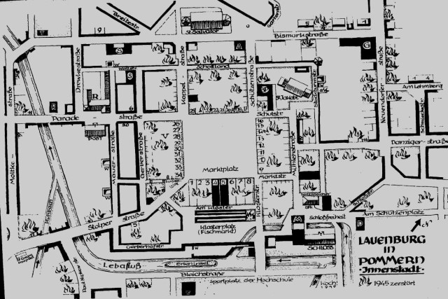 Mapa zniszczeć w centrum Lęborka po wkroczeniu Armii Czerwonej.