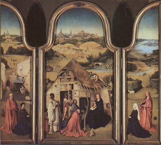 Hieronim Bosch "Pokłon Trzech Króli", (1495-1500)tryptyk o wym. 138x138 - namalowany farbami olejnymi na desce. Obraz znajduje się w Muzeum Prado w Madrycie. 