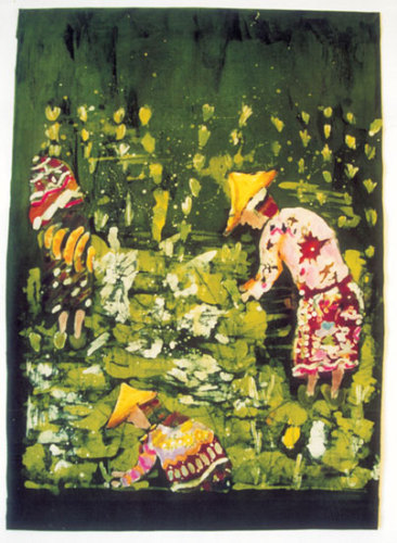 Na zdjęciu: Jeden z batików powstałych w Pracowni (Ewa Lenart "Magiczne pola ryżowe").